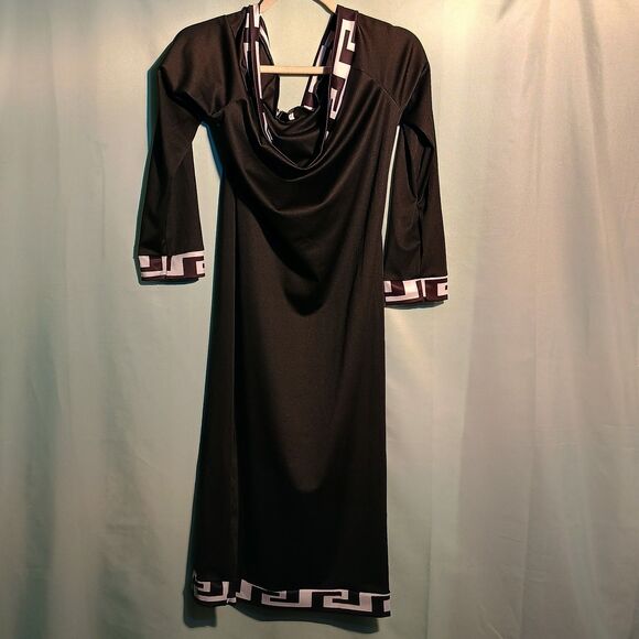 Black Cowl Neck Midi Dress with Greek Key Trim – Elegant 3/4 Sleeve Bodycon - Picture 1 of 4